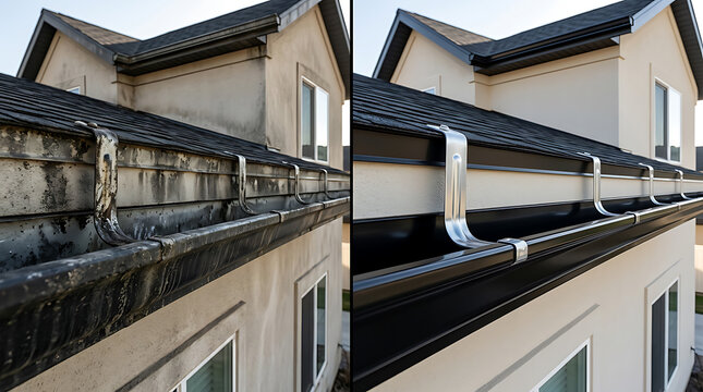 Comparison of Old and New Gutter Systems on Residential Roof to Showcase Maintenance and Modernization Effects