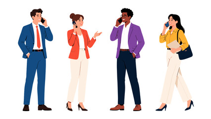 Obraz premium Business people talking on smartphones in flat vector style