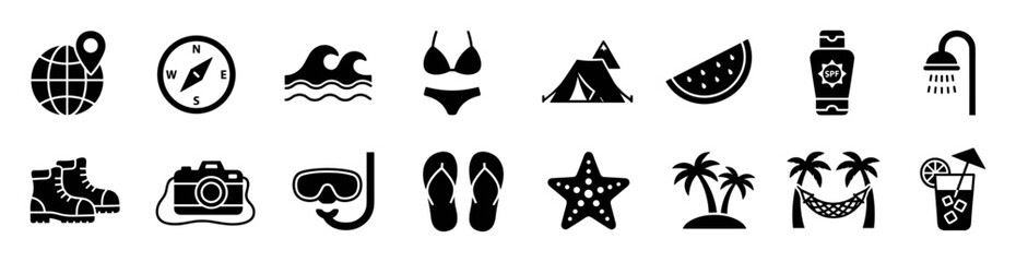Set of black travel and vacation icons including globe, compass, waves, bikini, tent, watermelon, sunscreen, shower, boots, camera, snorkeling gear, flip flops, starfish on transparent background © Yurii