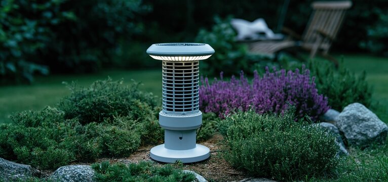 Modern mosquito trap illuminated in a garden at dusk, providing effective insect protection for outdoor spaces.