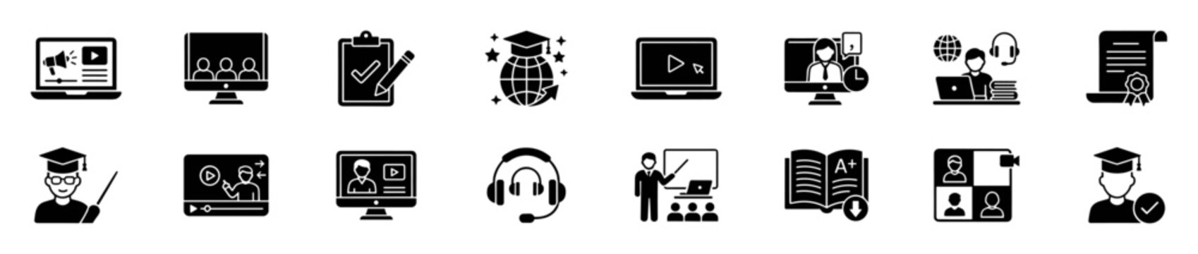 Online education and e-learning icons set including virtual classroom, video courses, certification, tutoring, headphones, and online communication on transparent background