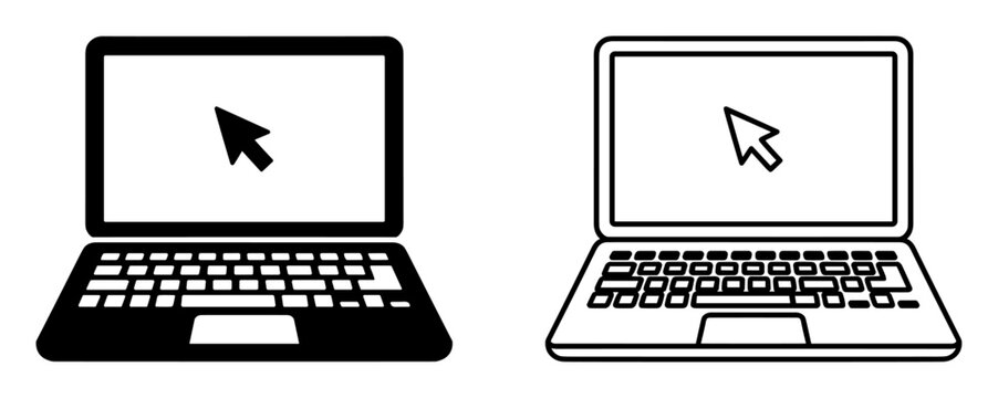 Black and white laptop icons with a computer cursor on the screen representing technology and computing on transparent background