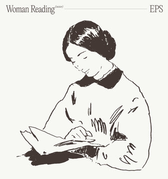 Woman Calmly Reading Book In Quiet Moment, Hand Drawn Sketch Illustration