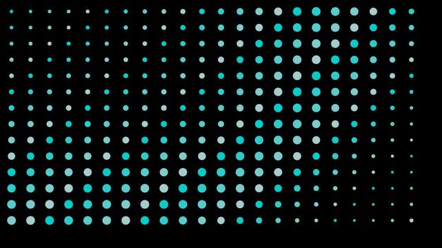 Abstract animation of blue halftone dots in a grid pattern moving across a black background.
