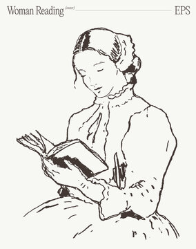 Gentle Woman In Dress Reading Book, Hand Drawn Sketch Illustration