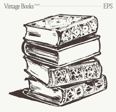 Stack Of Decorated Vintage Books, Hand Drawn Sketch Illustration