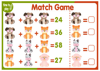 Fototapeta premium Math game for children. Educational puzzle for school-age kids. Counting exercise for learning the basics of algebra. Cartoon animals: dog, cow, ram, fox. Vector worksheet.