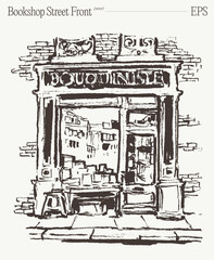 Fototapeta premium Old Bookshop Street Front Exterior, Hand Drawn Sketch Illustration