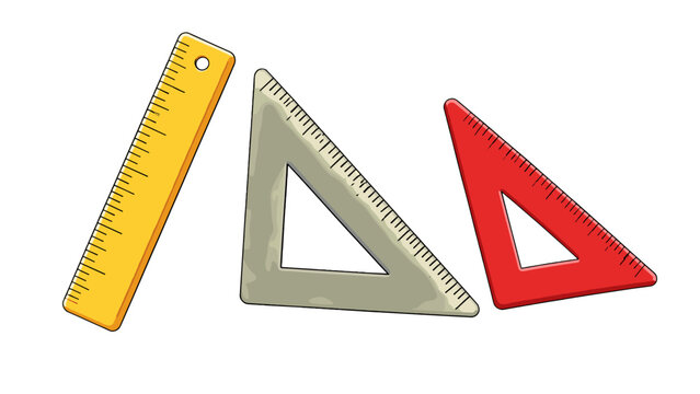 Three measuring rulers and triangle set squares illustration