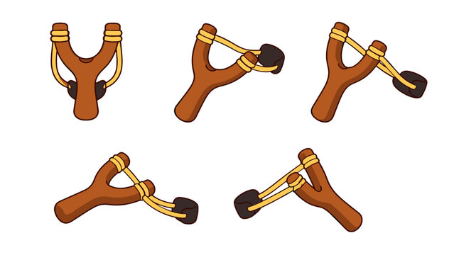 Cartoon wooden slingshot set in multiple angles