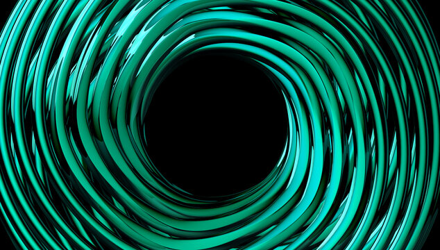 Abstract 3D render of green metallic torus rings forming a spiral tunnel, futuristic glossy tube wave structure, dark geometric technology artwork.