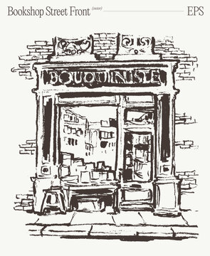 Old Bookshop Street Front Exterior, Hand Drawn Sketch Illustration