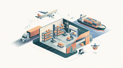 Obraz premium Isometric vector illustration of smart automated warehouse with robotic arms autonomous delivery vehicles cargo plane freight ship and truck for industry 4.0 logistics.