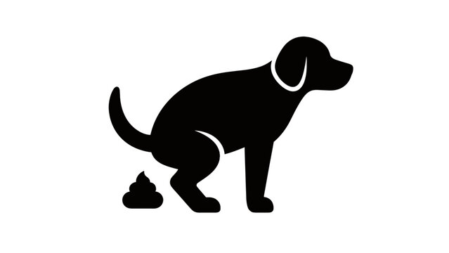 Black silhouette of a dog defecating on white background