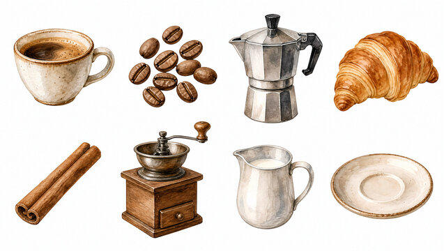 Watercolor coffee clipart set with cup, beans, moka pot and croissant. Illustration isolated on white for cafe menu