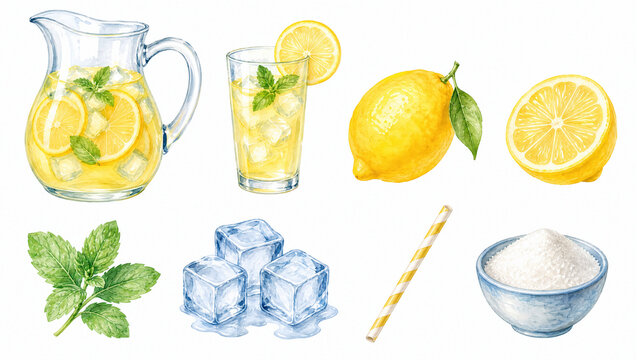 Watercolor lemonade clipart set with lemon, pitcher, glass, ice and mint. Illustration isolated on white surface for summer design