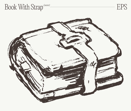 Vintage Book Fastened With Leather Strap, Hand Drawn Sketch Illustration