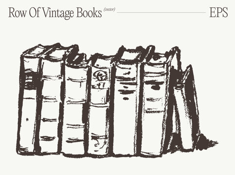 Row Of Standing Vintage Books, Hand Drawn Sketch Illustration