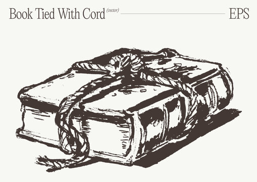 Single Vintage Book Tied With Rough Cord, Hand Drawn Sketch Illustration