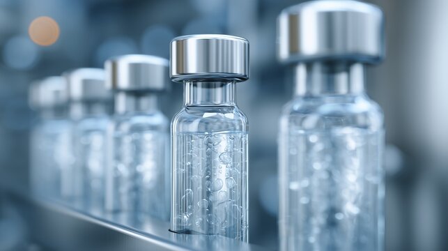 Vaccine vials on filling line. Glass vials with metal caps stand on pharmaceutical conveyor in sterile production environment with shallow focus and automated bottling equipment.