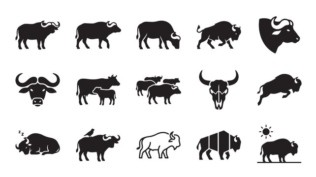 Buffalo and bison silhouette icons, 15 wild animal vector elements, black bull and ox symbols for logo design and branding