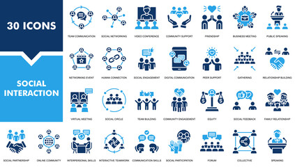 Naklejka premium Social Interaction Icon Set Collection. Containing Team Communication, Social Networking, Human Connection, Community Engagement and more. Fill vector illustration