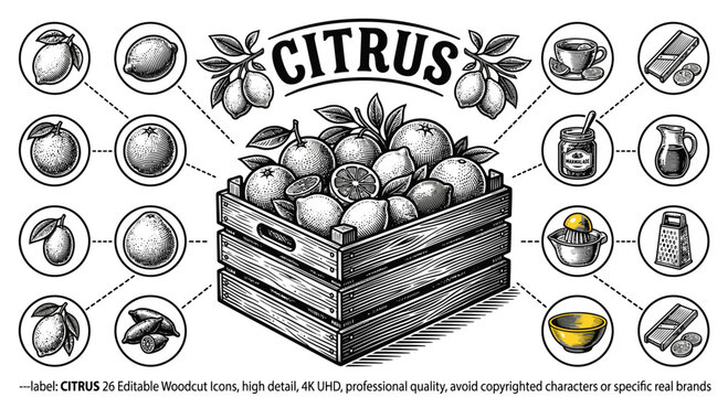 Black and white woodcut citrus crate illustration featuring lemons, oranges, and limes with kitchen icons like a juicer, grater, and marmalade jar in vintage engraving style.