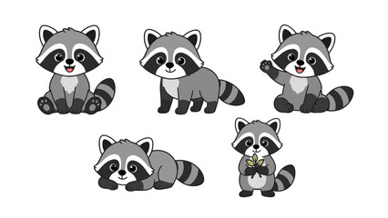 Obraz premium Cute raccoon cartoon character set in different poses