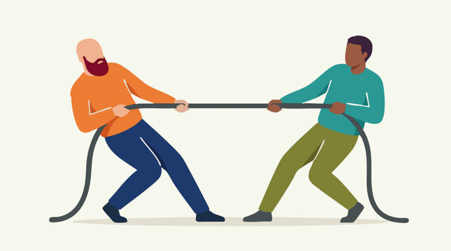 Two diverse individuals in a tug-of-war, representing competition and effort