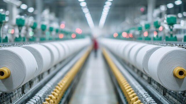 Rolls of fabric on the production line. Large rolls of fabric on the conveyor system of industrial textile production.