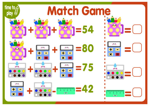 Math game for children. Educational puzzle for school-age kids. Counting exercise for learning algebra basics. Cartoon-style stationery: pencil holder, calculator, paint, ruler. Vector worksheet.