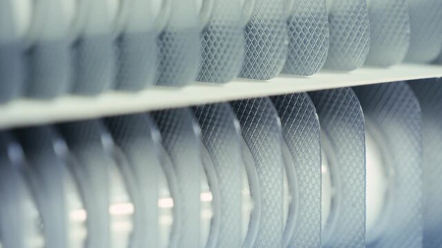 Close-up of pill blisters in a factory box, medication concept. High quality 4k footage