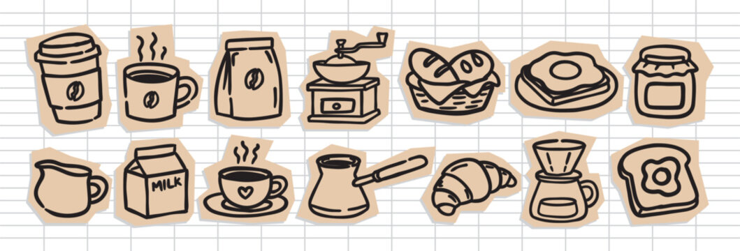 Hand drawn scrapbook coffee and breakfast doodle sticker collection in a vintage outline style. Perfect for scrapbooking, planners, stickers, branding, packaging, menus, and prints
