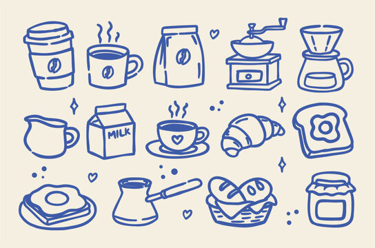 Hand drawn coffee and breakfast doodle element set in a vintage outline style. Perfect for cafe branding, menus, packaging, stickers, planners, prints, and vector design