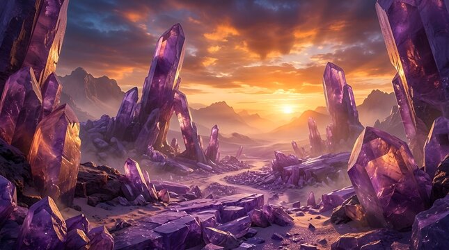 Glowing fantasy amethyst crystal landscape at sunset with majestic glowing purple minerals and scenic mountain backdrop