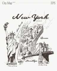 Hand Drawn New York City Map With Statue Of Liberty And Brooklyn Bridge, Sketch Illustration © TheMountBirdStudio