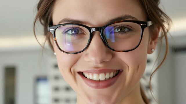 Close-up of a happy woman wearing glasses.