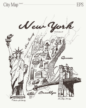 Hand Drawn New York City Map With Statue Of Liberty And Brooklyn Bridge, Sketch Illustration