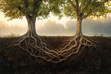 Obraz premium Two separate trees share one intertwined root system beneath the soil, showing how true friendship grows from a shared foundation.