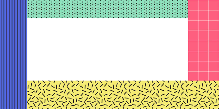 Memphis-style vector background featuring patchwork composition with green dots, pink grid, blue stripes, and yellow confetti sprinkle pattern. Retro 80s-90s inspired design perfect for creative and e