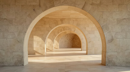 Fototapeta premium Stone arch corridor with repeating arches and warm natural light, minimalist calm architectural
