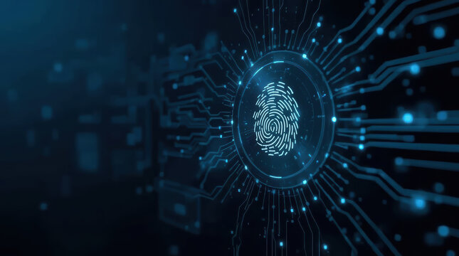 Digital fingerprint glowing blue circuit network conveying secure identity verification