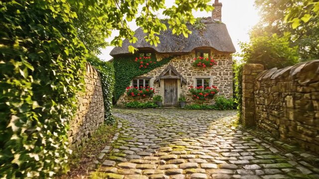 Cobblestone lane leading to a traditional stone cottage with red flowers in window boxes, bordered by ivy-covered walls under a large tree canopy in warm sunlight.