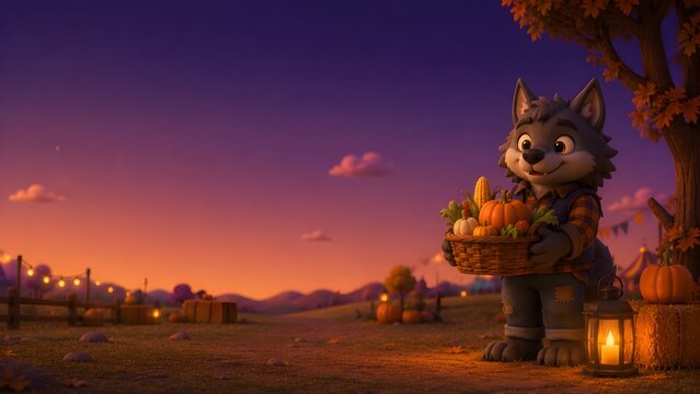Cute animated wolf holds basket of pumpkins. Soft twilight lights the autumn field. Lanterns glow beside the wolf. Tree stands tall with golden leaves. Pumpkins line the path and background