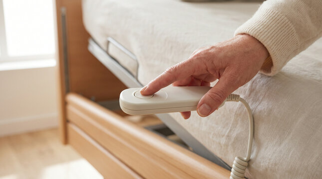 Rehabilitation. Woman Lowering Adjustable Bed at Home