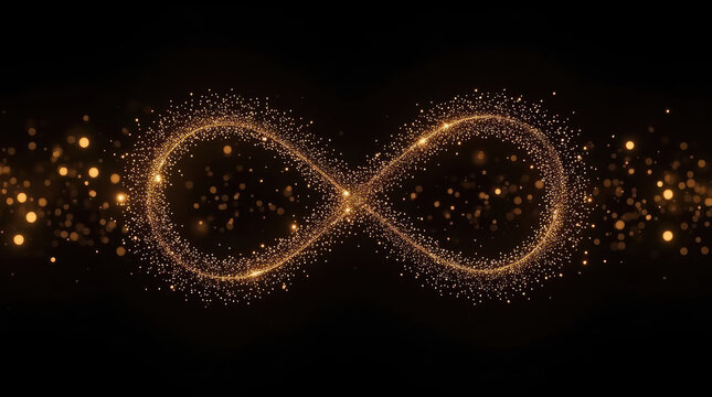 Golden infinity symbol of sparkling particles and bokeh lights, elegant glowing motion