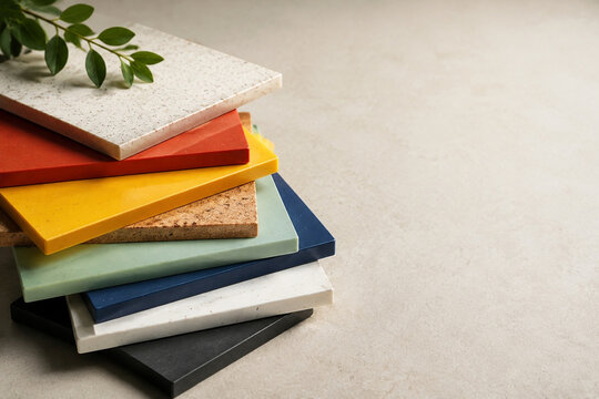 Colorful fused plastic board samples, sustainable recycled material for design and corporate concepts