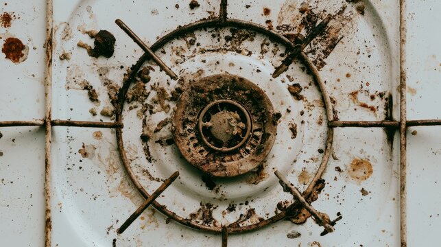 Dirty white enamel gas stove top with burnt oil stains, grease marks and food residue around burner and iron grate, showing kitchen cleaning concept, hygiene challenge and household maintenance