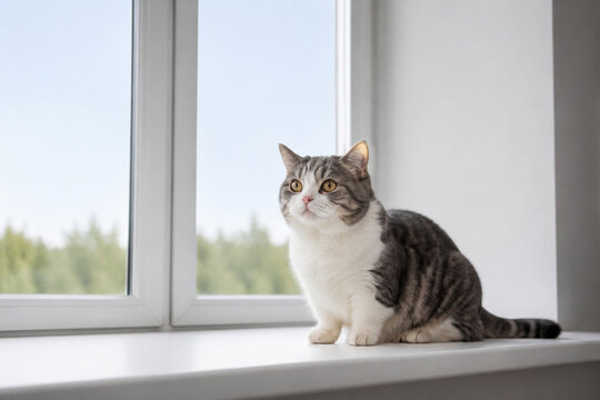 Munchkin cat with visible short legs sitting on window sill in soft daylight