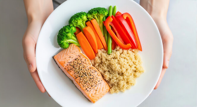 Hands holding a plate of baked salmon with quinoa and mixed vegetables. Healthy and balanced meal for a fitness diet. Top view of a nutritious lunch with broccoli, carrots, and peppers